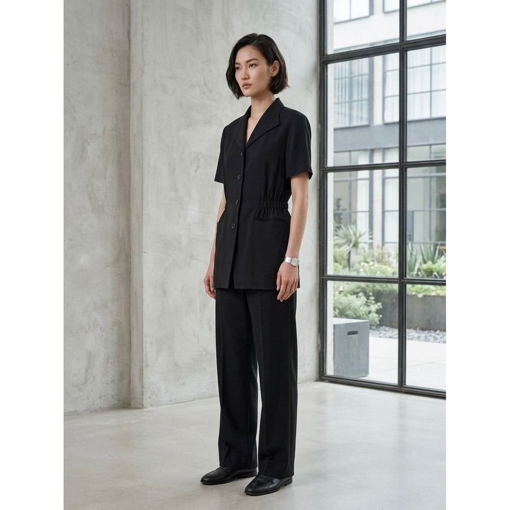Comme Ca Du Mode Black Short Sleeve Cinched Waist Blazer Top Wool Blend Japan